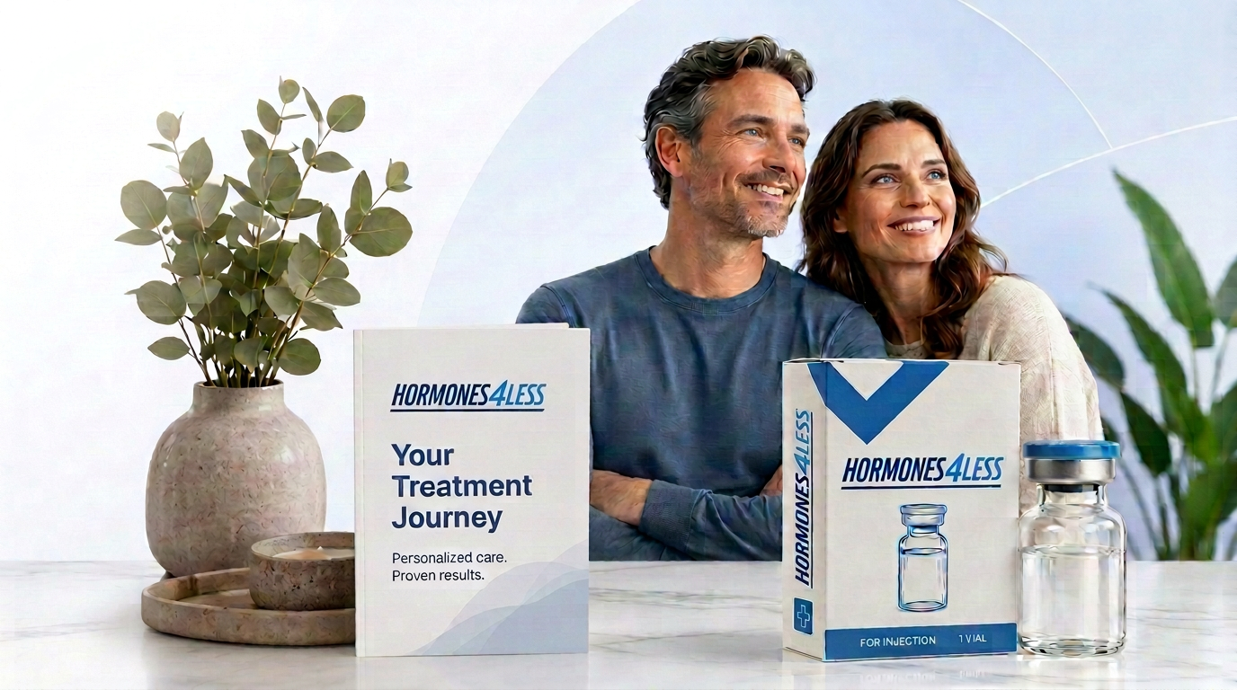 Smiling couple at home with Hormones4Less wellness essentials on the counter